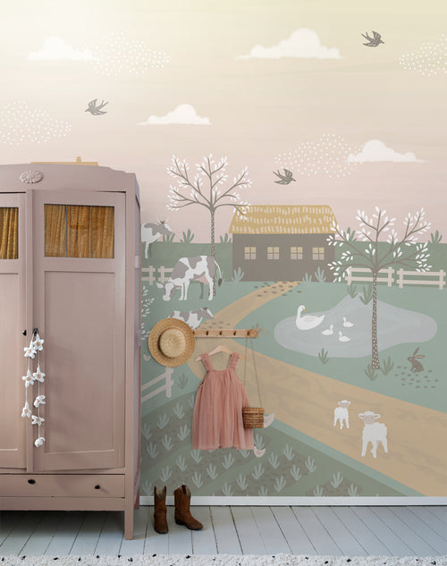 ESTAhome fotobehang boerderij dieren groen en roze - 250 x 279 cm - 159241 - vtwonen shop