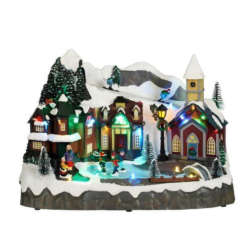 Luville Kerstdorp Miniatuur Dorpsplein - Kerstversiering met Schaatsende Bewoners - Kerst Decoratie met LED-verlichting en Draaiende Figuren - L34 x