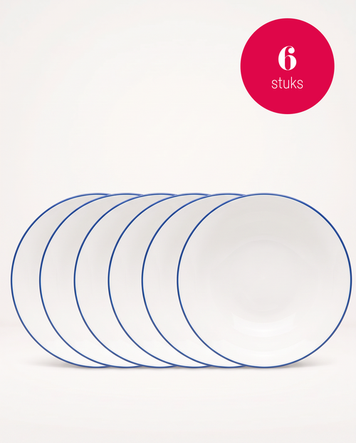 vtwonen - Pastabord - Wit/Blauw Lijn - Porselein - 25,5cm - Set van 6