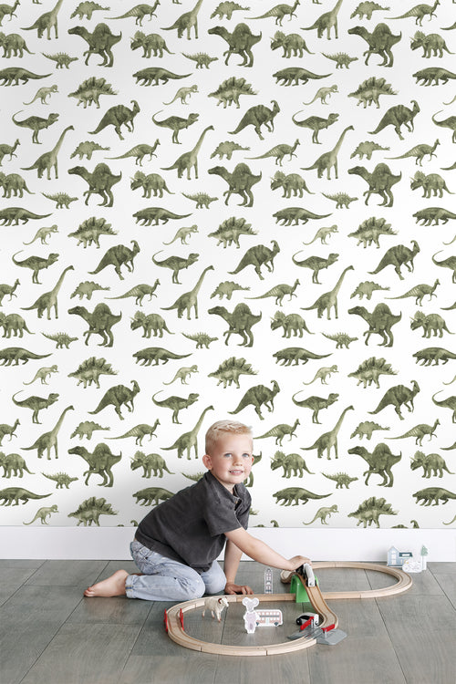 ESTAhome behang dinosaurussen donkergroen - 50 x 900 cm - 131200