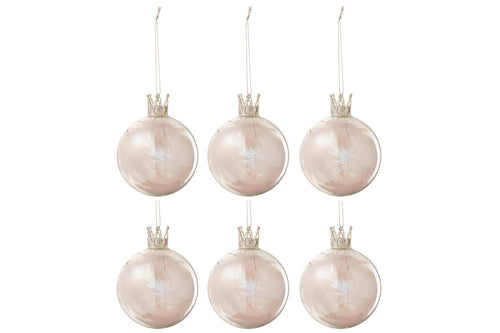 J-Line kerstbal Kroon Pluim - glas - lichtroze - small - doos van 6
