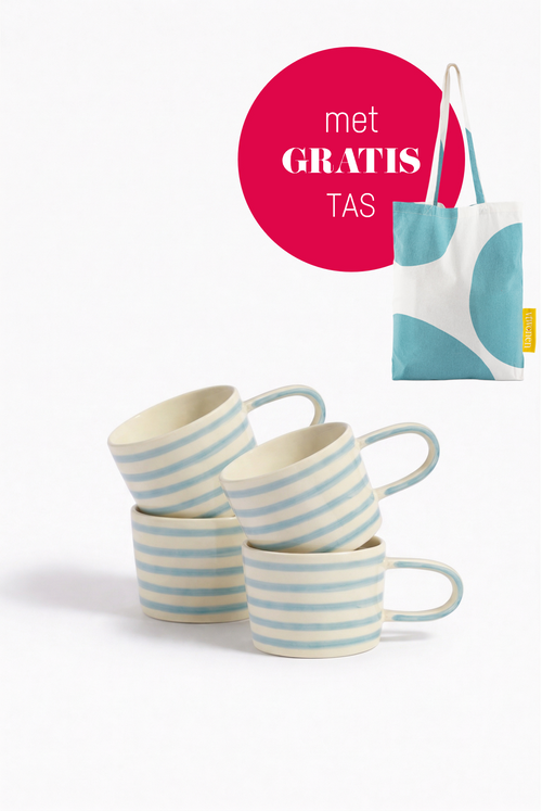 vtwonen - Mokken - Strepen - Blauw - Keramiek - 350ml - Set van 4