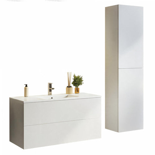 LOMAZOO badmeubelset Nuvano - met hoge kast & witte wastafel - glanzend wit - 100 cm