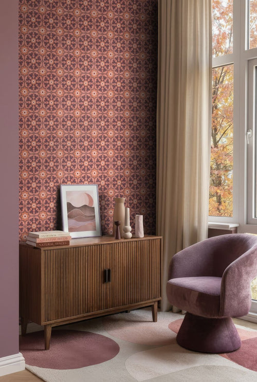 ESTAhome behang tegelmotief paars en terracotta - 50 x 900 cm - 132075