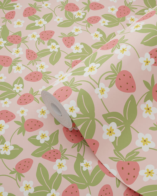 ESTAhome behang aardbeien groen en roze - 50 x 900 cm - 132172