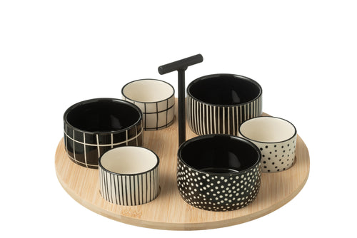 J-Line tapasplank 6 kommen + bambouschaal In Doos - keramiek/hout - wit/zwart