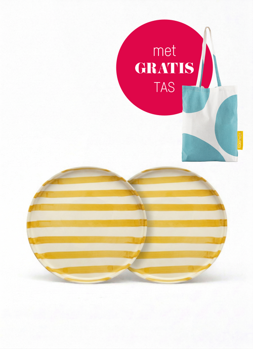 vtwonen -  Lunchbord - Strepen - Geel - Set van 2 - Keramiek - 20cm