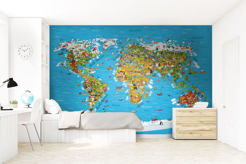Sanders & Sanders fotobehang wereldkaart voor kinderen blauw, geel en groen - 375 x 270 cm - 600601