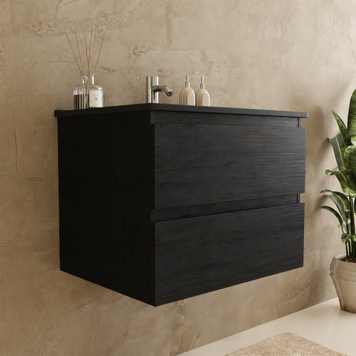 LOMAZOO badmeubelset Verona - met kolomkast & zwarte wastafel - mat zwart - 60 cm