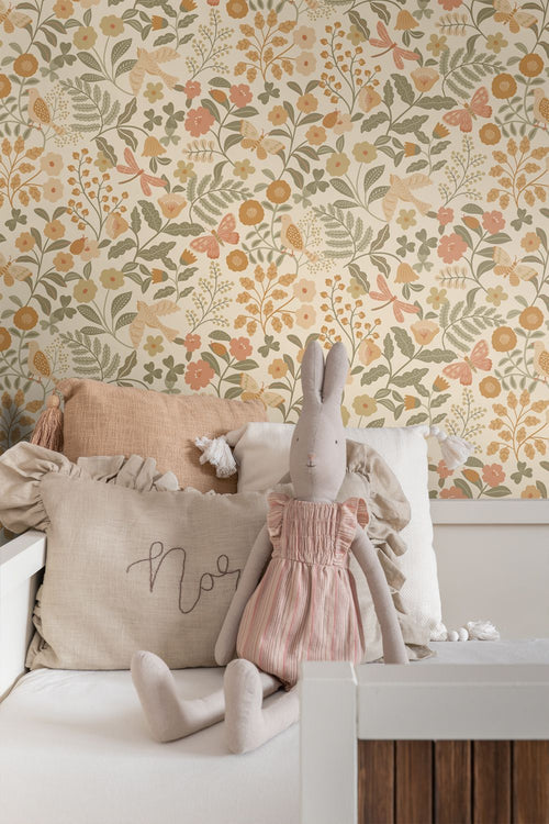 ESTAhome behang bloemen en vogels oranje en vergrijsd groen - 53 cm x 10.05 m - 131393