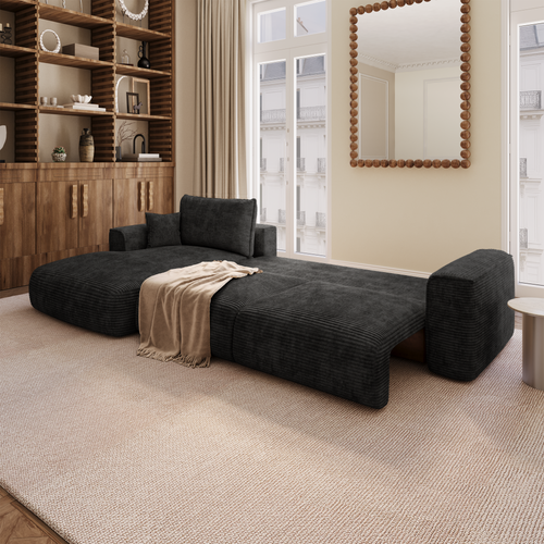 Premium Interiors - Linkshoekbank met slaapfunctie en opbergruimte COMO - corduroy zwart 297cm