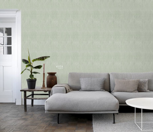 ESTAhome eco-texture vliesbehang origami motief celadon groen - 0,53 x 10,05 m - 148713 - vtwonen shop