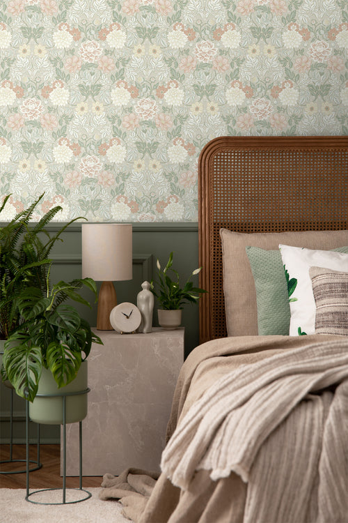 Borastapeter behang vintage bloemen in art nouveau stijl lichtgroen en roze - 53 cm x 10.05 m - 660375 - vtwonen shop