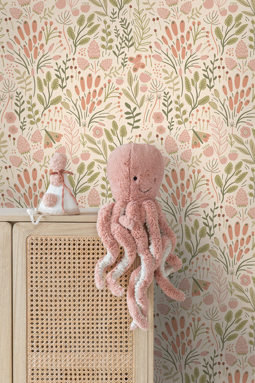 ESTAhome behang bladeren en bloemen olijfgroen en terracotta - 50 x 900 cm - 131390 - vtwonen shop