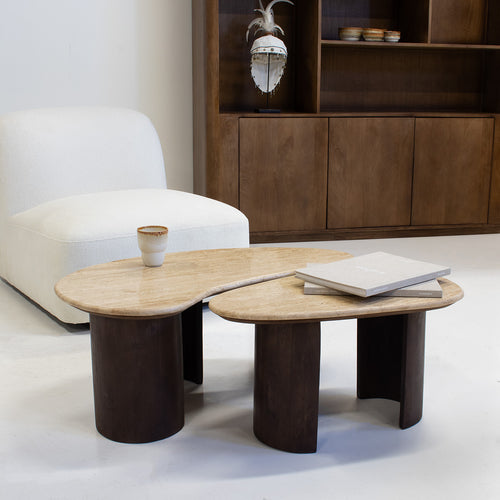 Giga Meubel Salontafel Suki Organisch - Travertin/Hout - Donkerbruin - Set van 2 - vtwonen shop