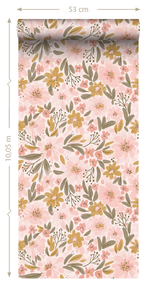 ESTAhome behang bloemen licht roze, okergeel en vergrijsd groen - 50 x 900 cm - 130923 - vtwonen shop