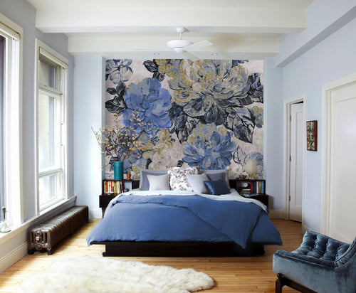 Komar fotobehang romantische bloemen blauw, grijs en goud - 300 x 250 cm - 611202