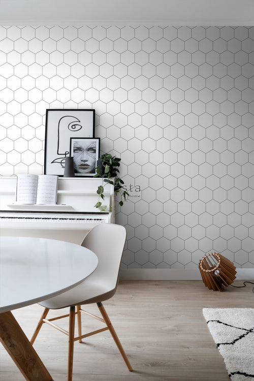 ESTAhome behang hexagon zwart wit - 53 cm x 10.05 m - 139311