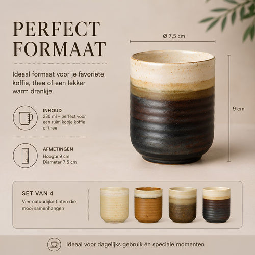 Mica Decorations Ethan Koffiemokken Set - 4 Porseleinen Mokken in Off White, Terra, Donkerbruin en Zwart - Geschikt voor Vaatwasser, Magnetron en Oven