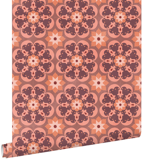 ESTAhome behang tegelmotief paars en terracotta - 50 x 900 cm - 132075