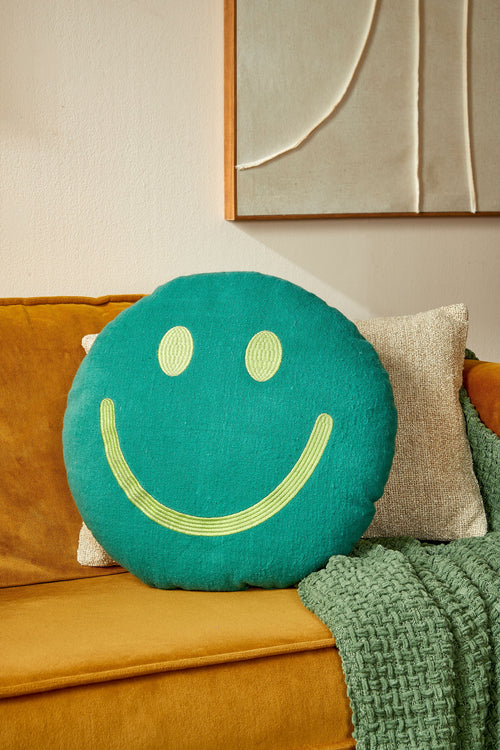Mica Decorations Smiley Sierkussen - Kussen met Kussenhoes - Woondecoratie Woonkamer - Ø45 x 10 cm - Katoen, Polyester - Groen