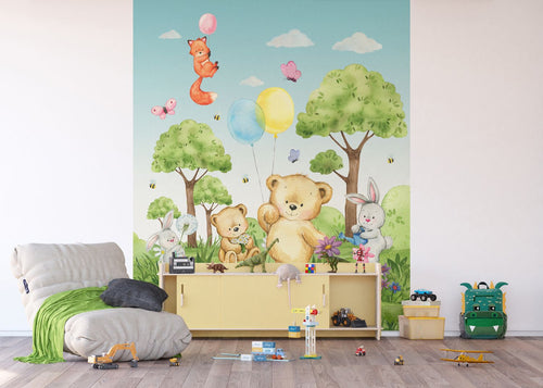 Sanders & Sanders fotobehang bos met bosdieren groen en blauw - 270 x 225 cm - 601207
