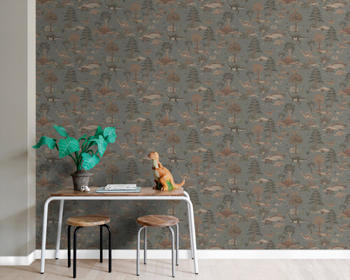 ESTAhome behang dinosaurussen vergrijsd blauw en bruin - 50 x 900 cm - 131656