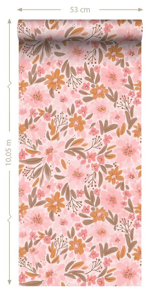 ESTAhome behang bloemen roze, oranje en vergrijsd groen - 50 x 900 cm - 130925 - vtwonen shop