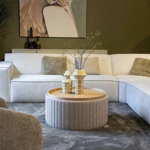 DÉJA Living Salontafel Angela – Rond – Met Opbergruimte – Chenille – Essen Fineer – 81x81x42 cm – Taupe/Naturel