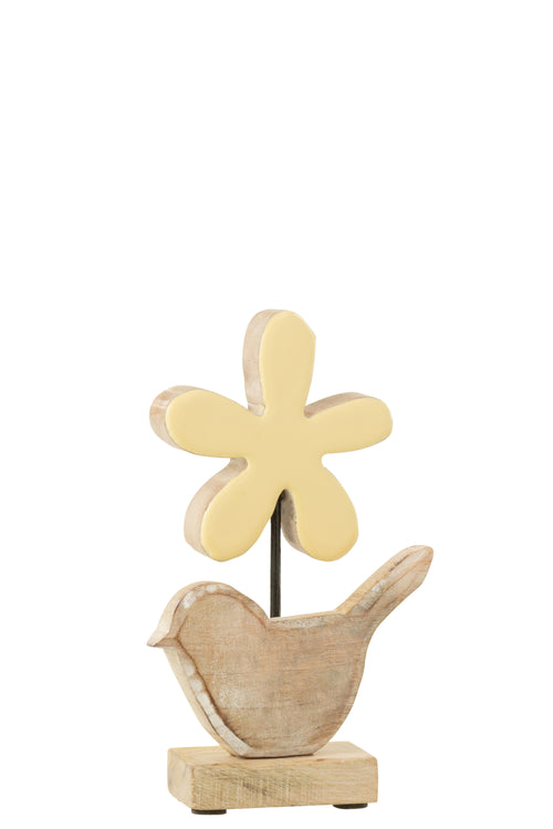J-Line decoratie Vogel Met Bloem - hout - geel - small