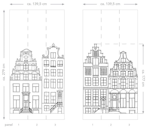 ESTAhome fotobehang getekende Amsterdamse grachtenhuisjes zwart en wit - 150 x 279 cm - 158834 - vtwonen shop