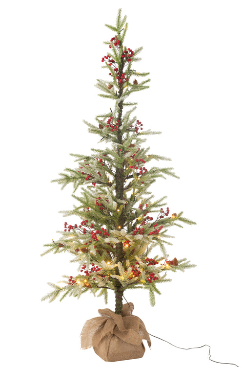 J-Line decoratie kerstboom Sneeuw + Zak - kunststof/jute - groen/rood - large - LED lichtjes