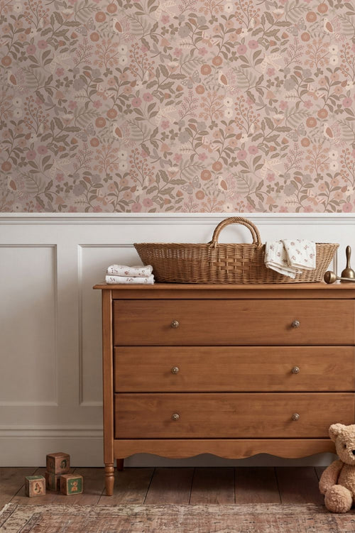 ESTAhome behang bloemen en vogels taupe en oudroze - 50 x 900 cm - 132232