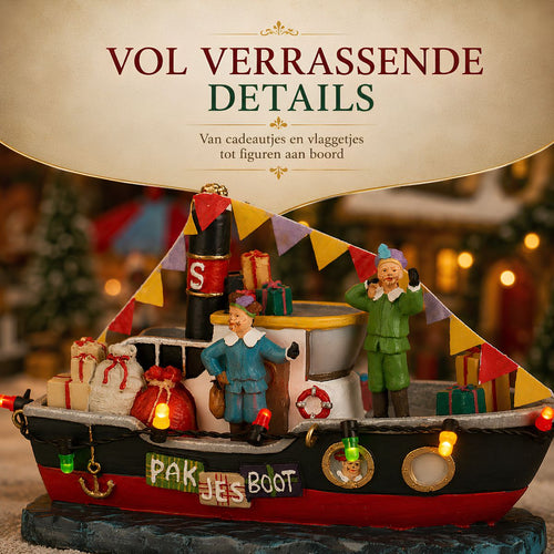 Luville Pakjesboot Small - Miniatuur Kerstdorp Decoratie met Verlichting - Werkt op Batterijen voor Flexibele Plaatsing - Gemaakt van Polyresin - L13