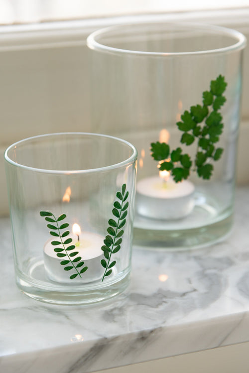 J-Line windlicht Bladeren - glas - groen/transparant - 2 stuks