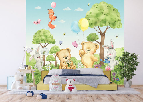 Sanders & Sanders fotobehang bos met bosdieren groen en blauw - 270 x 300 cm - 601183
