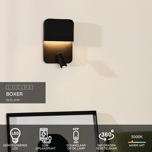 Lucide bedlamp BOXER - Geïntegreerde LED - Zwart - vtwonen shop