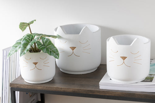 J-Line bloempot Kat voor binnen - cement - wit/goud - medium - Ø 16 cm