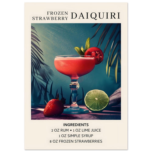 Artfulprints Poster met Lijst Frozen Strawberry Daiquiri cocktail - Ingrediënten   - A4 21x29.7 cm - Meerkleurig
