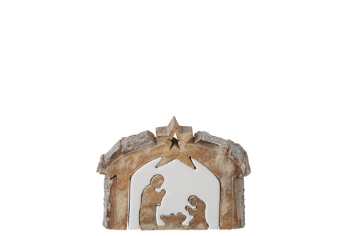 J-Line Kerststal - mangohout - naturel/wit - small