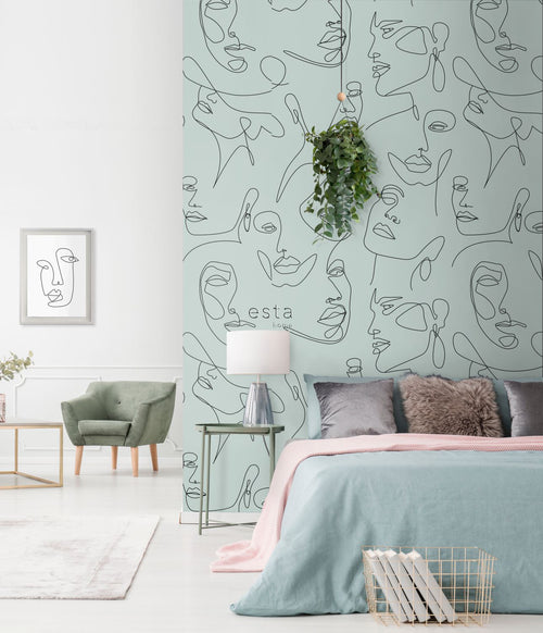 ESTAhome fotobehang line art gezichten vergrijsd groen - 150 x 279 cm - 158957