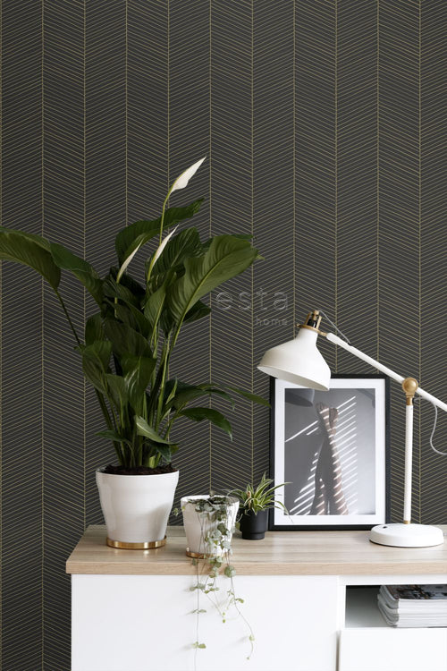 ESTAhome behang visgraat-motief zwart en goud - 53 cm x 10.05 m - 139136
