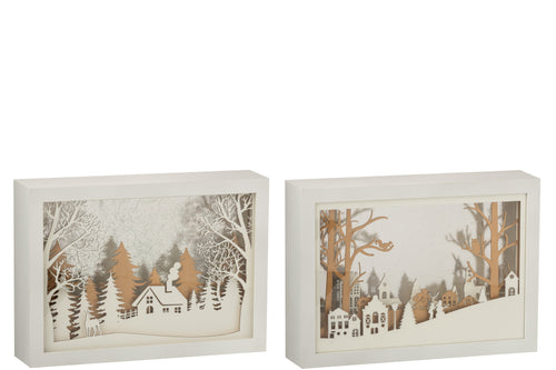 J-Line decoratie kerstdorpje - kader 3D Winter - pvc/glas - goud - LED lichtjes - 2 stuks - vtwonen shop