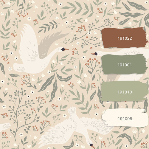ESTAhome behang zwanen beige, wit en vergrijsd groen - 53 cm x 10.05 m - 139797