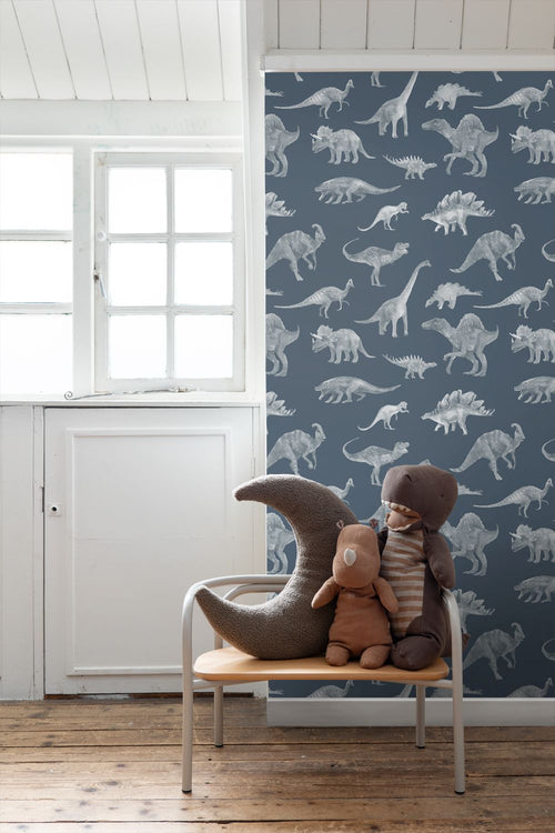 ESTAhome behang dinosaurussen vergrijsd blauw - 50 x 900 cm - 131805
