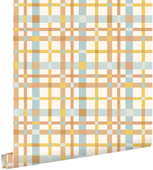 ESTAhome behang ruitjes blauw, geel en bruin - 50 x 900 cm - 132048