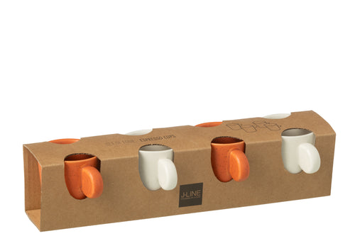 J-Line kopje Met Oor + Bamboubasis - keramiek - wit/oranje - doos van 4