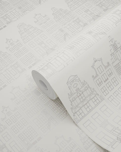ESTAhome behang Amsterdamse huizen zilver - 53 cm x 10.05 m - 137716