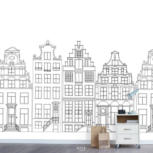 ESTAhome fotobehang getekende Amsterdamse grachtenhuisjes zwart en wit - 150 x 279 cm - 158834 - vtwonen shop