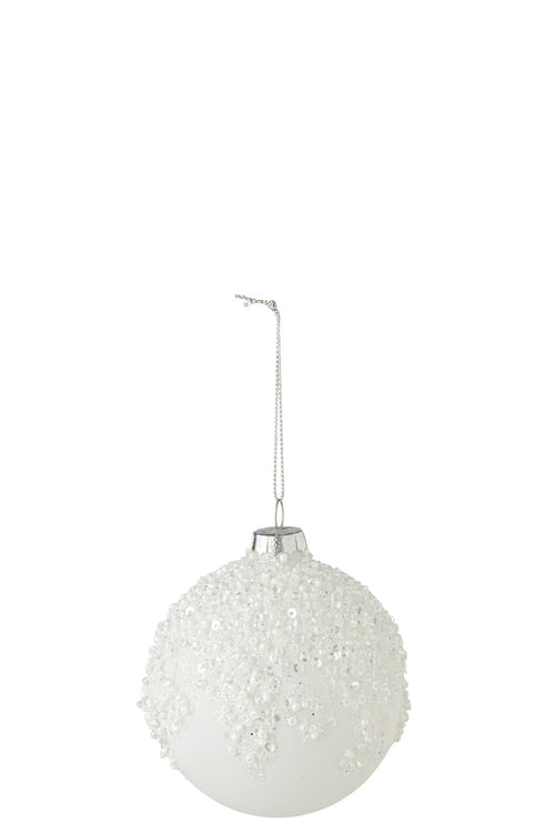 J-Line Kerstbal met parels en glitters - glas - wit - set van 24
